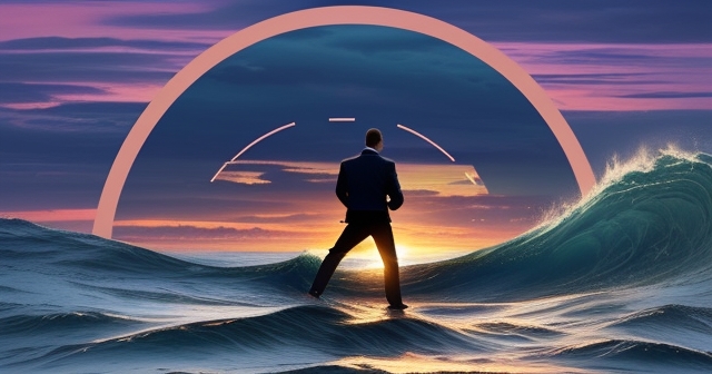 平靜的海面與夕陽象徵獲利與成功