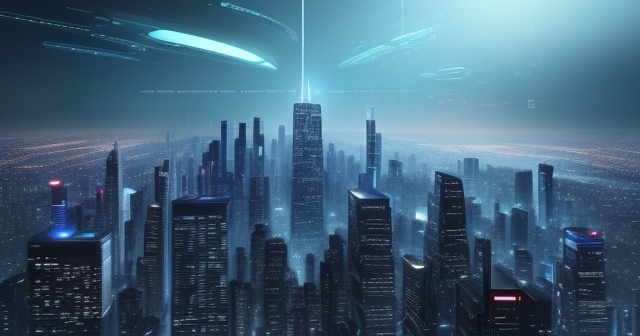 未來城市天際線上的IBM標誌