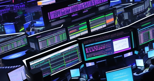 交易大廳中布滿螢幕的畫面