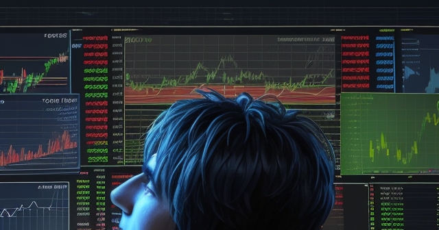 一名角色正在分析加密貨幣市場趨勢和圖表