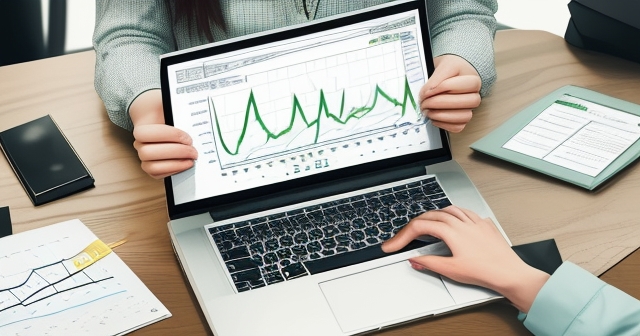 一位年輕女性正在電腦上研究股票