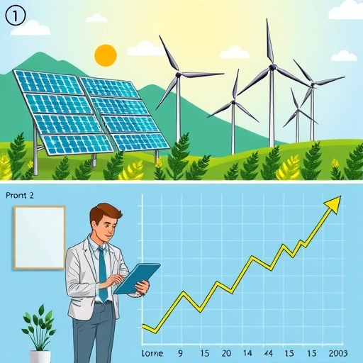 展示綠色能源股票的上升與下降的插圖圖表。