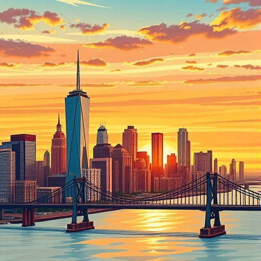 一座充滿金融市場元素的城市天際線在日落時刻呈現出獨特的景色