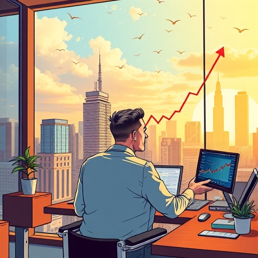 一位投資者在現代辦公室分析數據，展現出看漲的前景