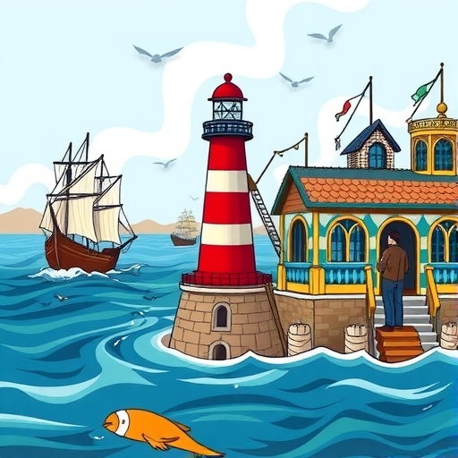 一座平靜的燈塔指引船隻在波濤洶湧的海面上航行