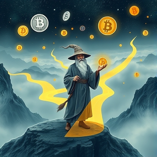 一位智慧型的賢者在濃霧中的投資市場中導航，手中持有數字資產