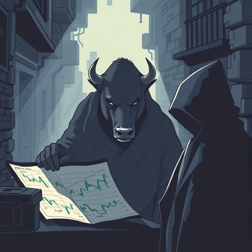 一頭公牛與一頭熊在市場場景中激烈鬥爭。