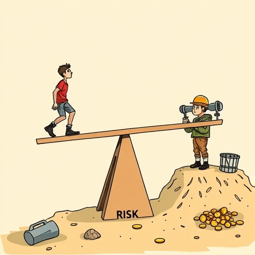 一個人平衡在標示為風險與回報的盪鞦韆上