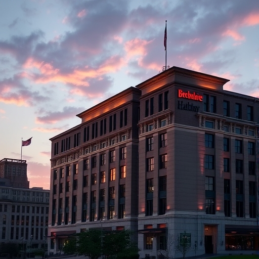 伯克夏海瑟威大樓在夕陽下的景象