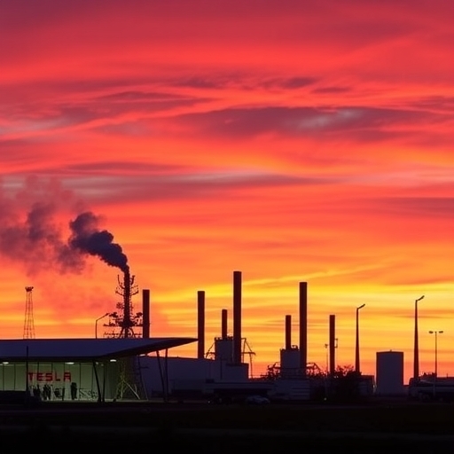 特斯拉工廠在日落時分