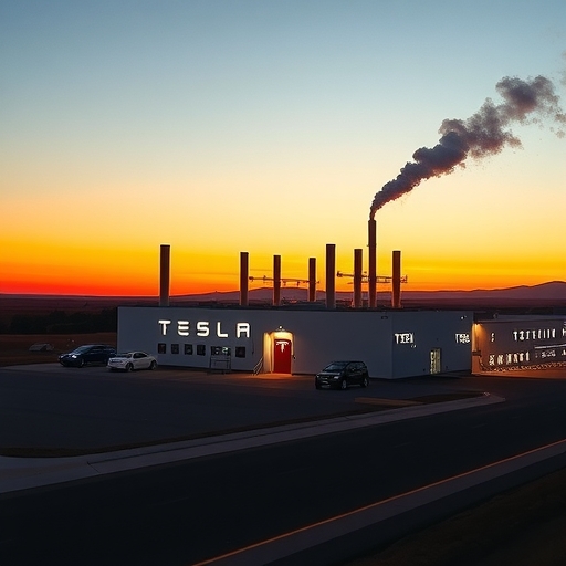 特斯拉工廠在日落時分