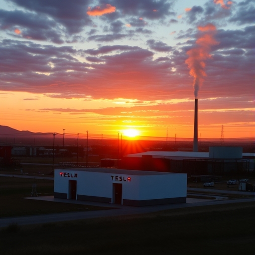 特斯拉工廠在日落時分