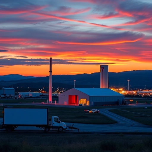 特斯拉工廠在日落時分