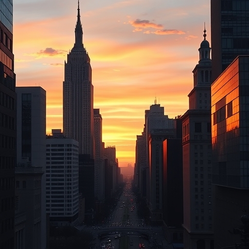 夕陽映照下的華爾街天際線