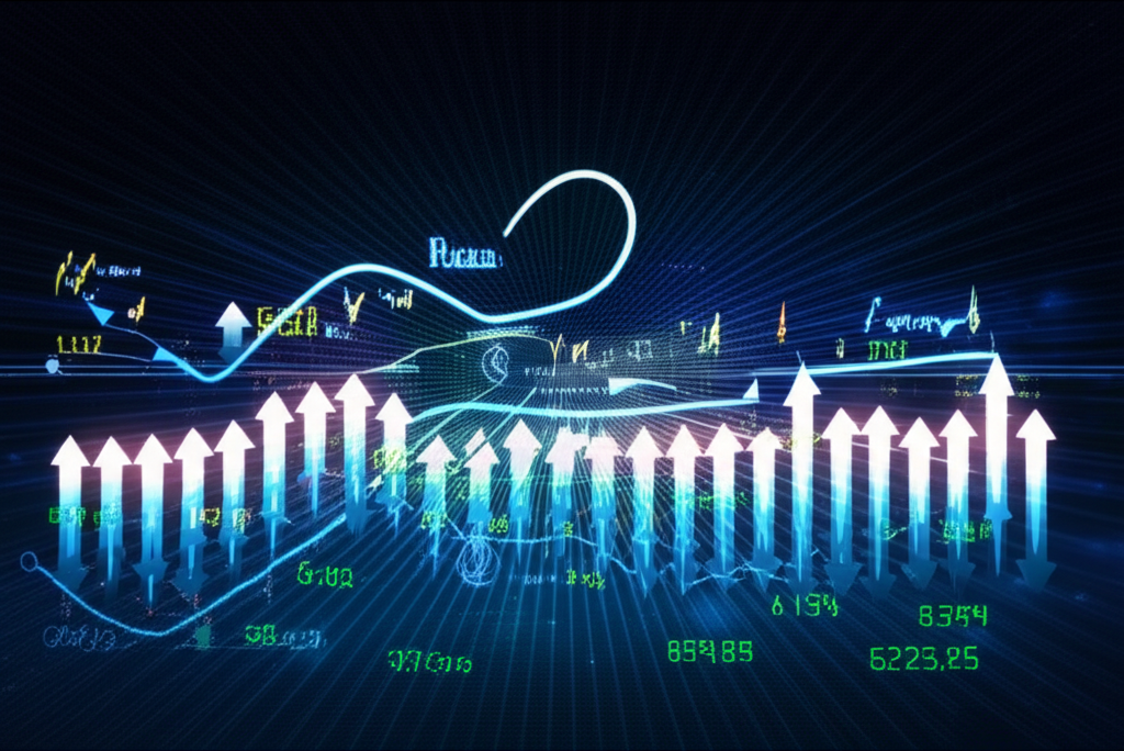 股票市場K線圖特寫,清楚顯示綠色和紅色K棒,指示市場趨勢和價格變動。
