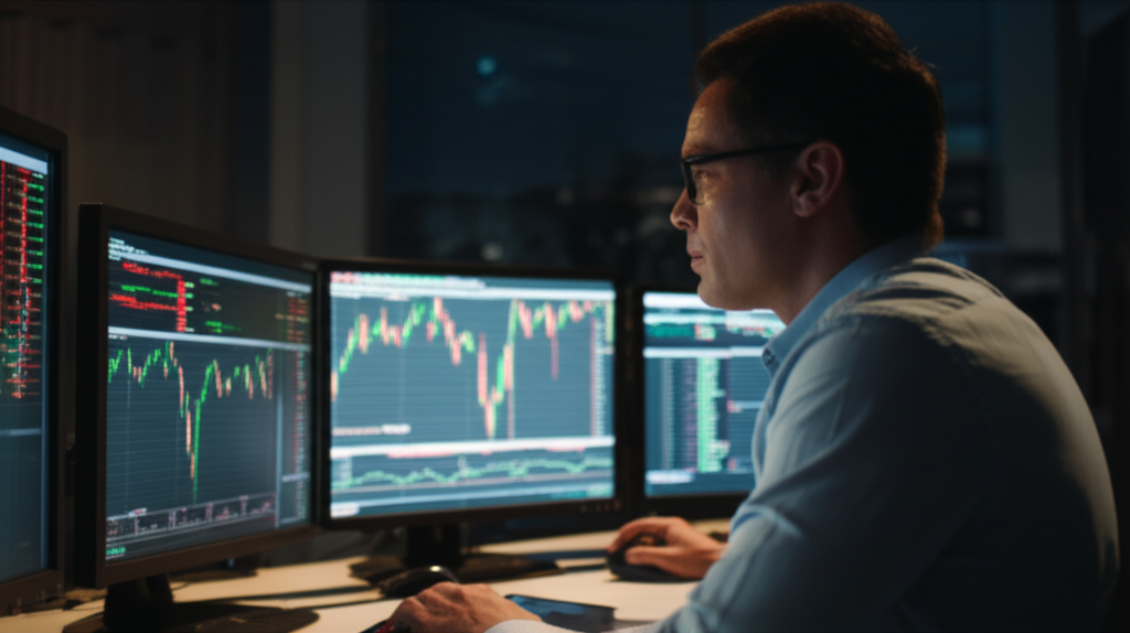 一隻手拿著顯示股票交易應用程式的智慧手機,另一隻手指向顯示詳細金融分析的筆記型電腦螢幕,象徵活躍交易和市場監控。