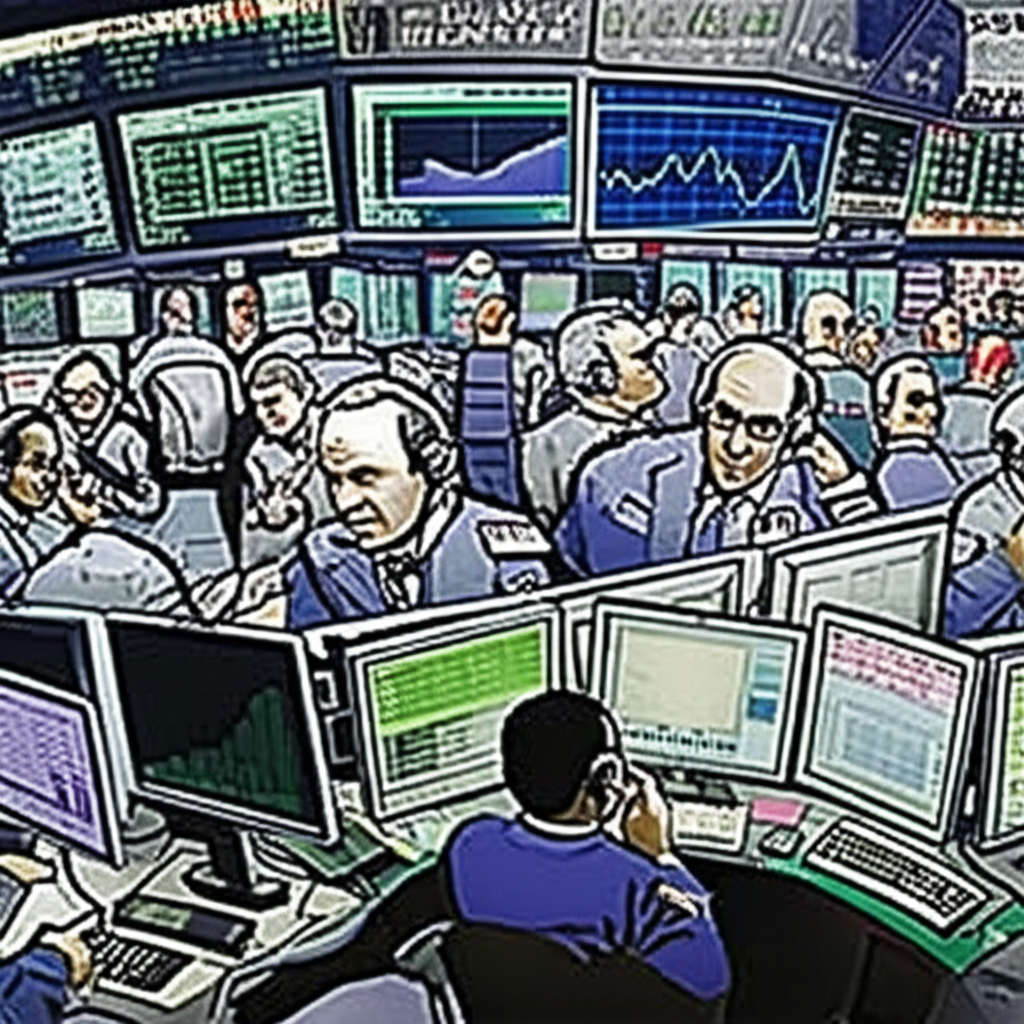 一群投資者在市場恐慌中拋售資產。