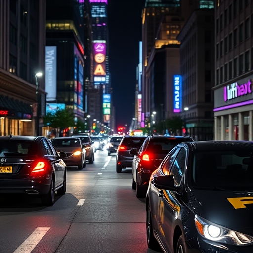 Lyft 叫車服務的汽車在夜晚的城市中行駛