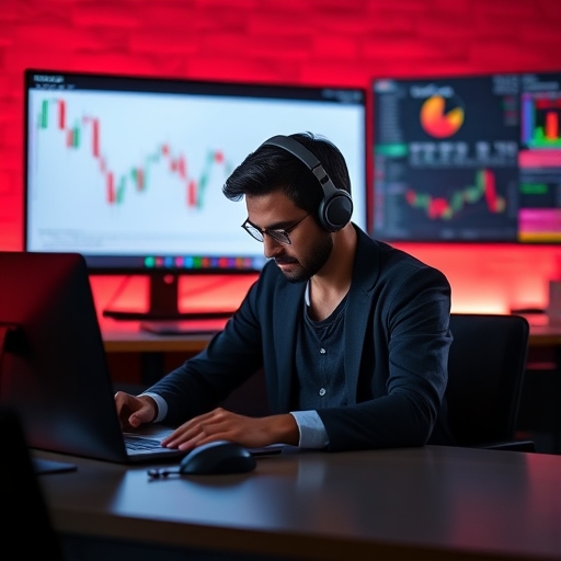 一位專業外匯交易員正在使用筆記型電腦與多螢幕進行交易。