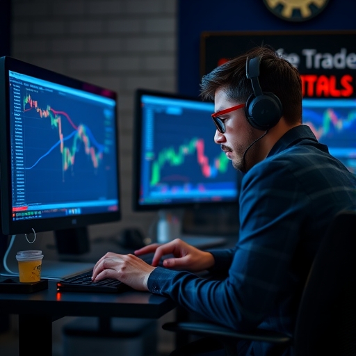 一位外匯交易員正在多個螢幕前專注分析市場數據。