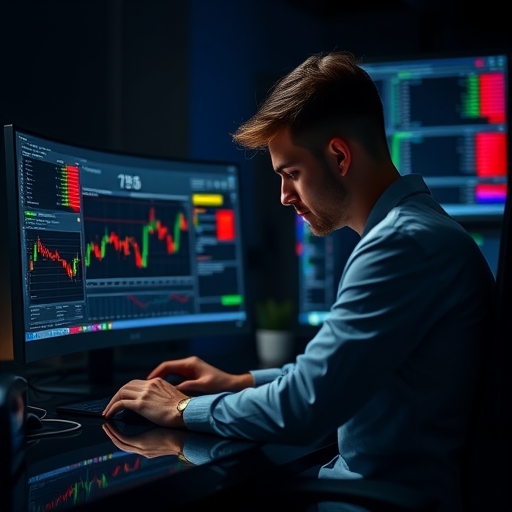 一位交易員正在查看筆記型電腦上的外匯交易平台。