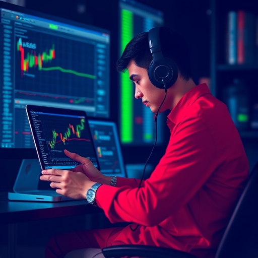 一位交易員在辦公室中專注於外匯市場分析。