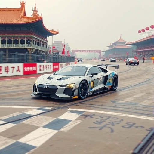 中國電動車賽車場景,車輛高速行駛。