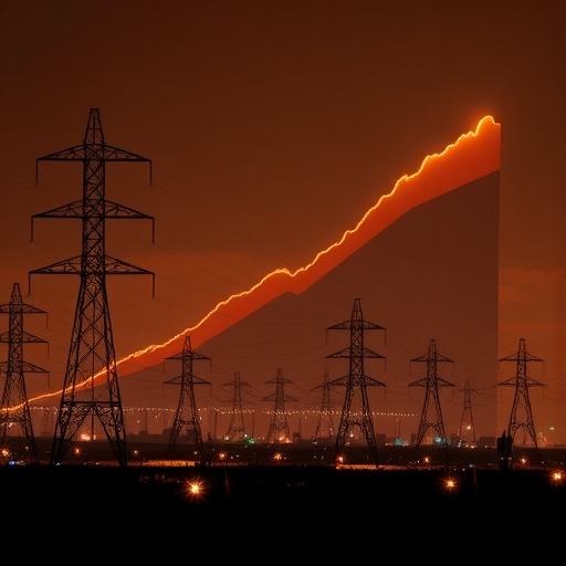 電力需求在2025年激增的圖像,顯示電力設施和數據中心。