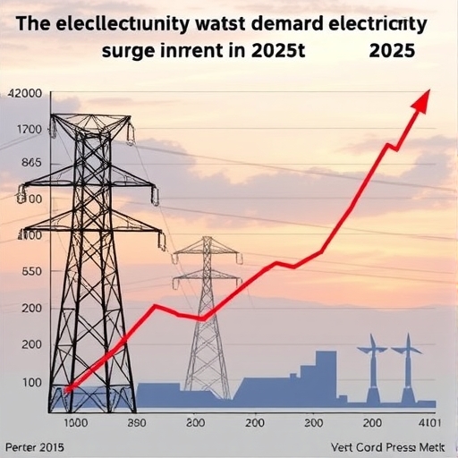 電力需求在2025年激增的圖像,展示複雜的電力網絡與現代科技元素。