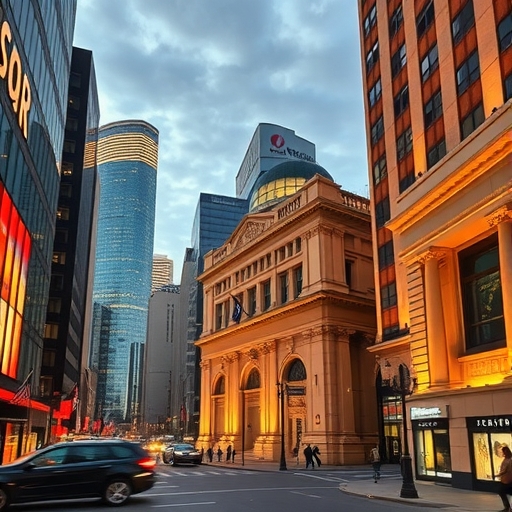 現代都市中的全球銀行大樓景觀