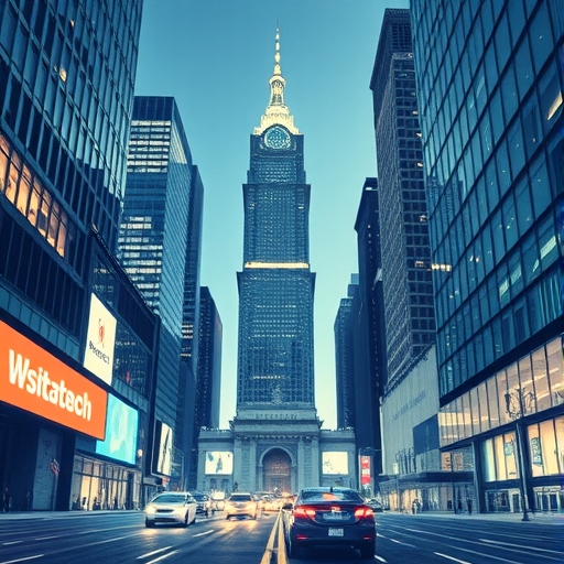 現代都市中的全球銀行大樓景觀