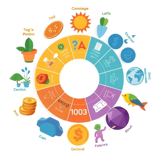 描繪多種資產類別的插畫，其中包含黃金、股票、房產和數位貨幣