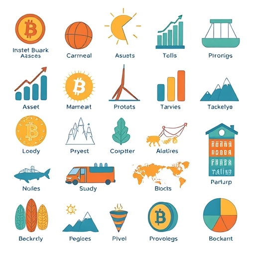 展示多種資產類別的圖示，包括硬幣、股票圖表和數位貨幣符號
