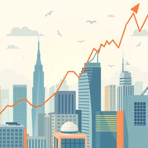 金融市場動態的抽象插圖，顯示資金流動、股票圖表和全球連結。