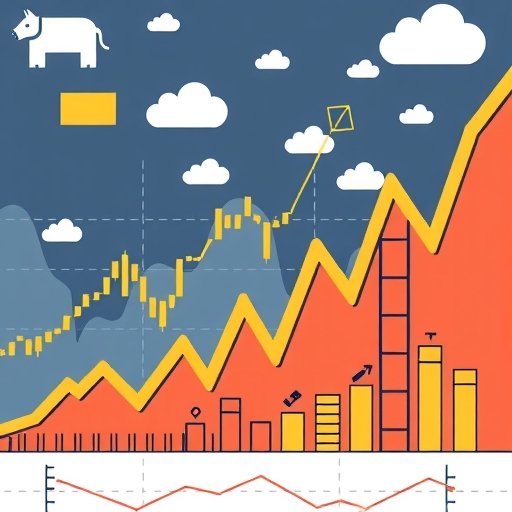 股市趨勢的插圖,顯示上升的箭頭和科技元素。