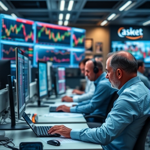 一名交易員專注地在電腦前分析市場數據。