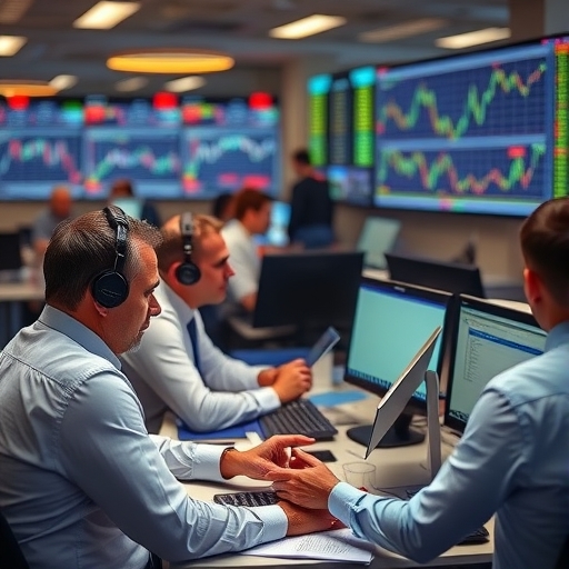 一群交易員在繁忙的辦公室中分析圖表。