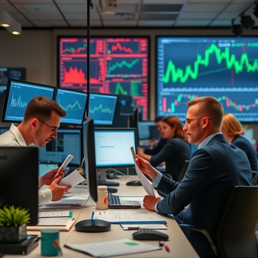 一位交易員在多個螢幕前監控金融市場。