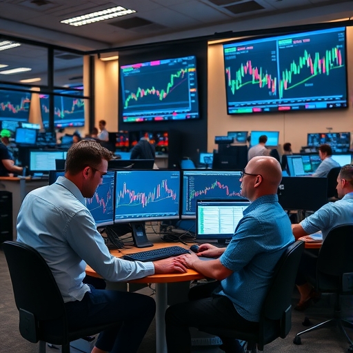 多位金融專業人士在現代化交易室中工作。