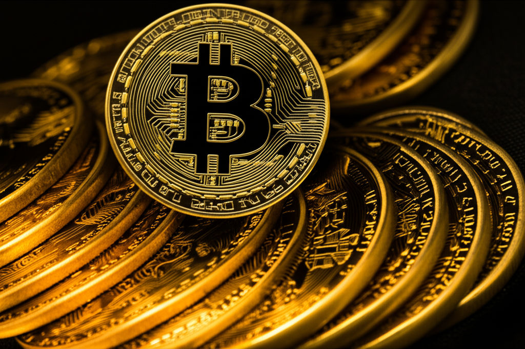 一枚未來感數位貨幣與傳統金條交織,背景為全球金融城市景觀。