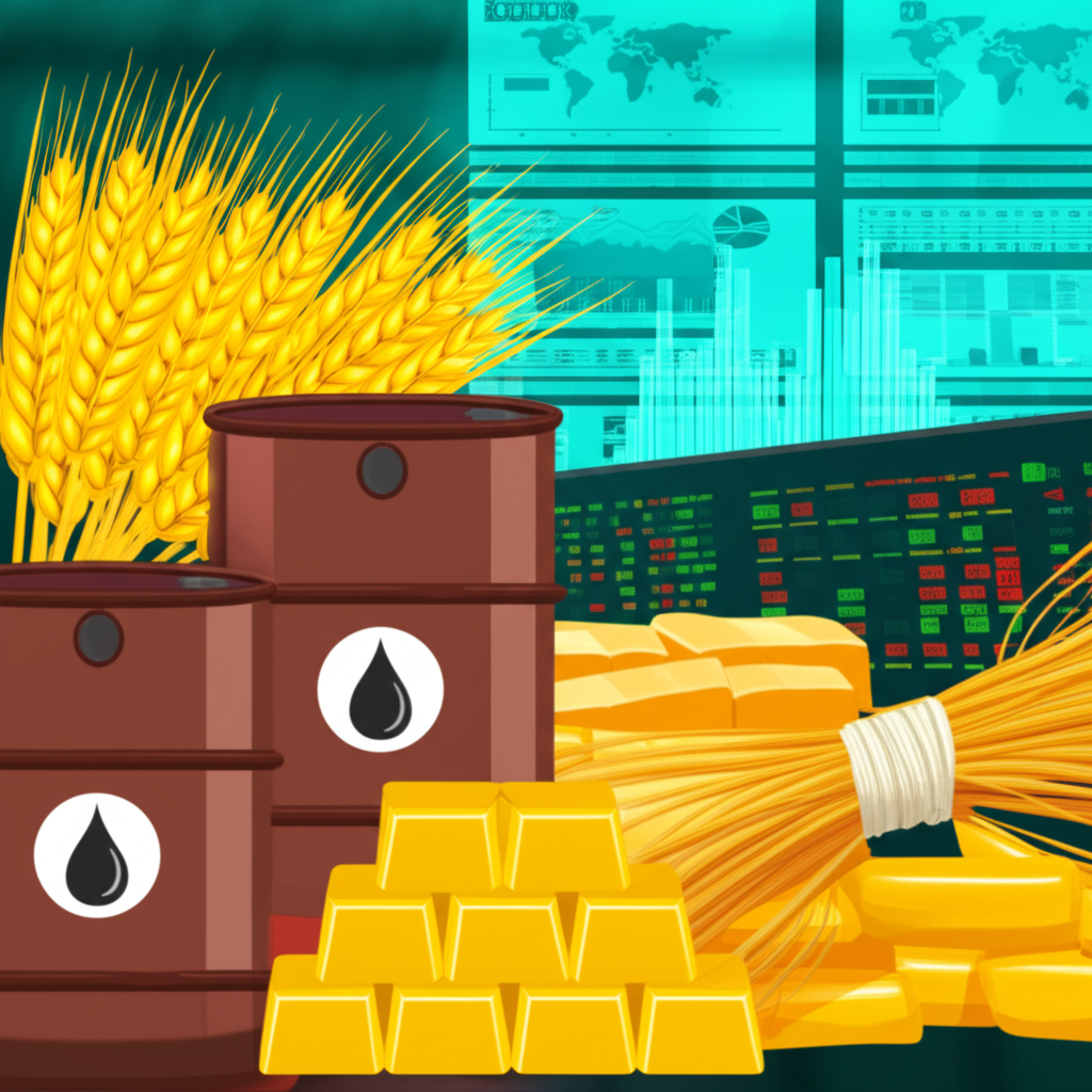 全球大宗商品市場示意圖,包含原油桶、黃金條、小麥田與數位交易介面,象徵供需與地緣政治影響