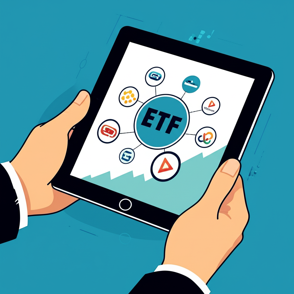 投資者手持平板,螢幕上顯示多個科技公司圖示連接到中央的ETF符號,展現分散且便捷的投資方式