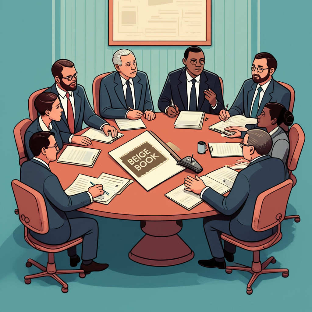 12位FOMC成員圍繞會議桌討論褐皮書內容,展現貨幣政策制定過程中的集體決策與投票機制