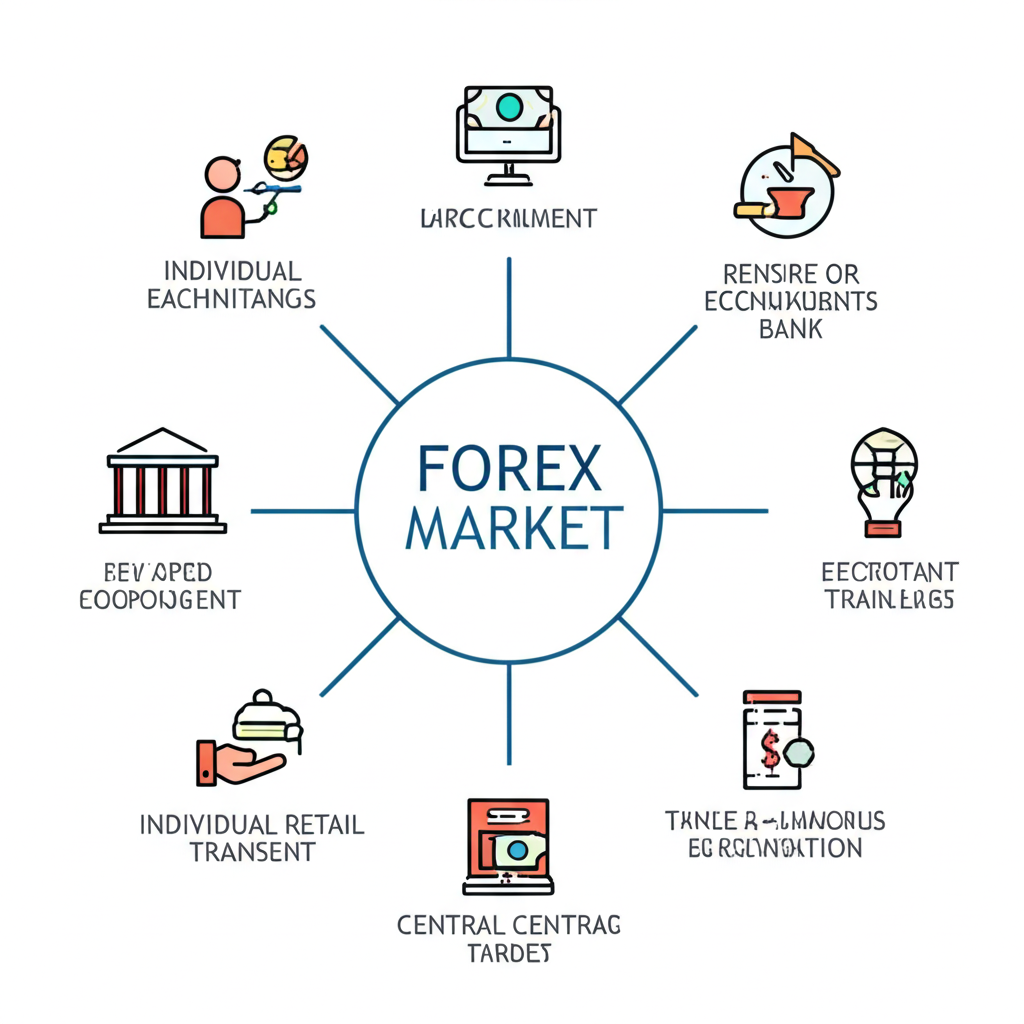 外匯市場參與者插圖,包含中央銀行、商業銀行、企業與個人投資者等角色