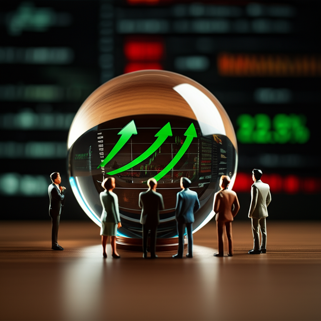 水晶球中顯示企業未來獲利與成長前景,投資者圍觀,象徵股價反映市場對未來的預期