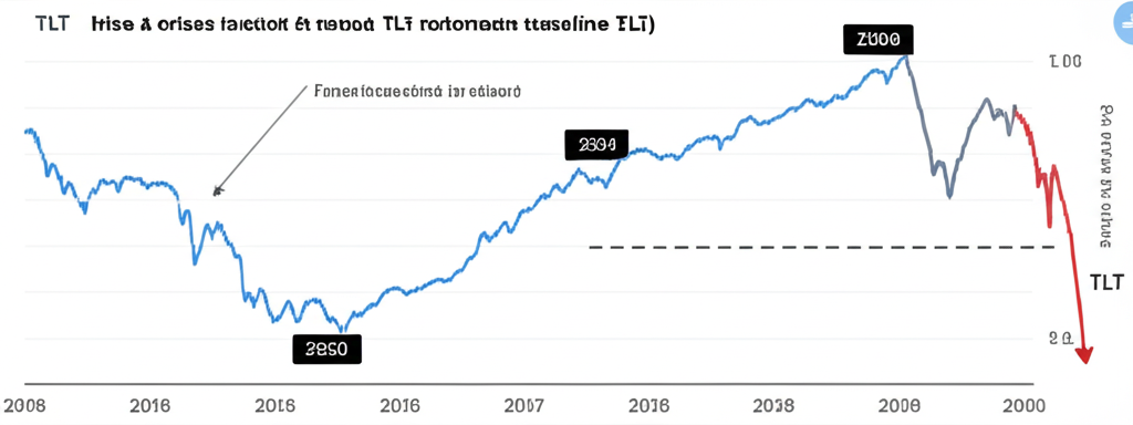 TLT歷史股價走勢圖,標示2008年金融危機、2020年疫情及2022年升息週期等關鍵事件