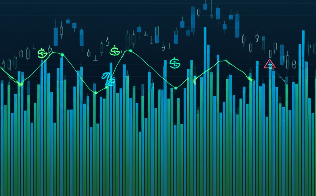 一張顯示股市指數圖表的螢幕,上面有上升的趨勢線和代表股票交易的柱狀圖。