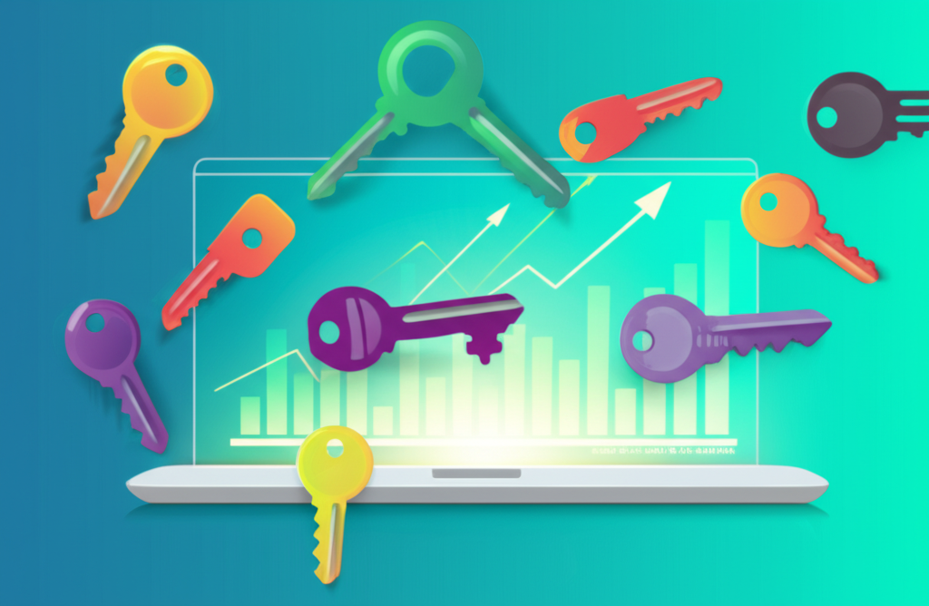 科技公司標誌組成的數位鑰匙,開啟顯示市場成長的螢幕,象徵科技股ETF在數位時代的角色