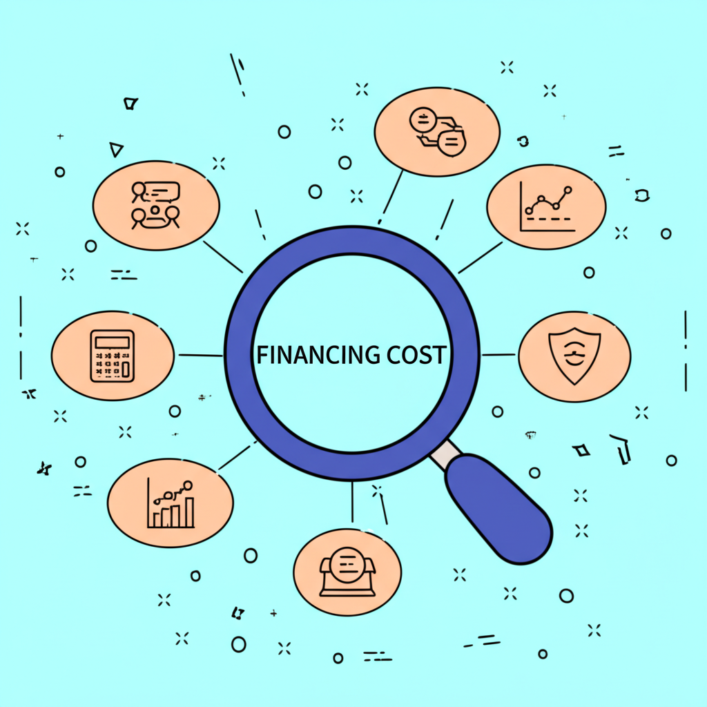 財務路線圖插畫，放大鏡聚焦於融資成本，圖示涵蓋定義、計算、股票融資與風險管理策略