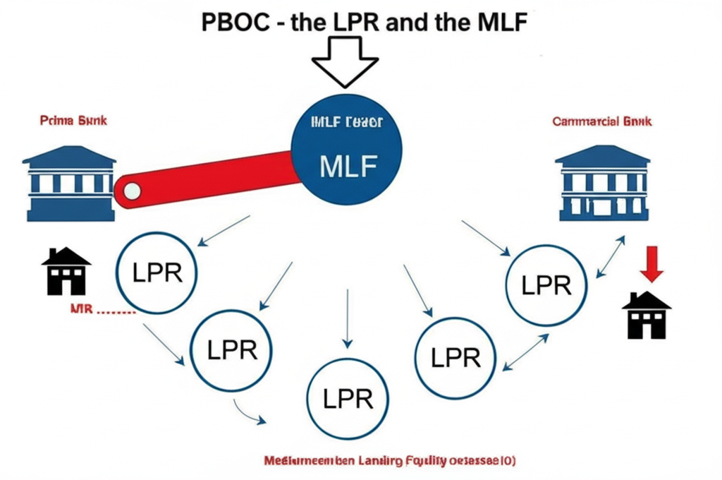 LPR與MLF運作機制示意圖,央行調整MLF槓桿,影響銀行LPR面板
